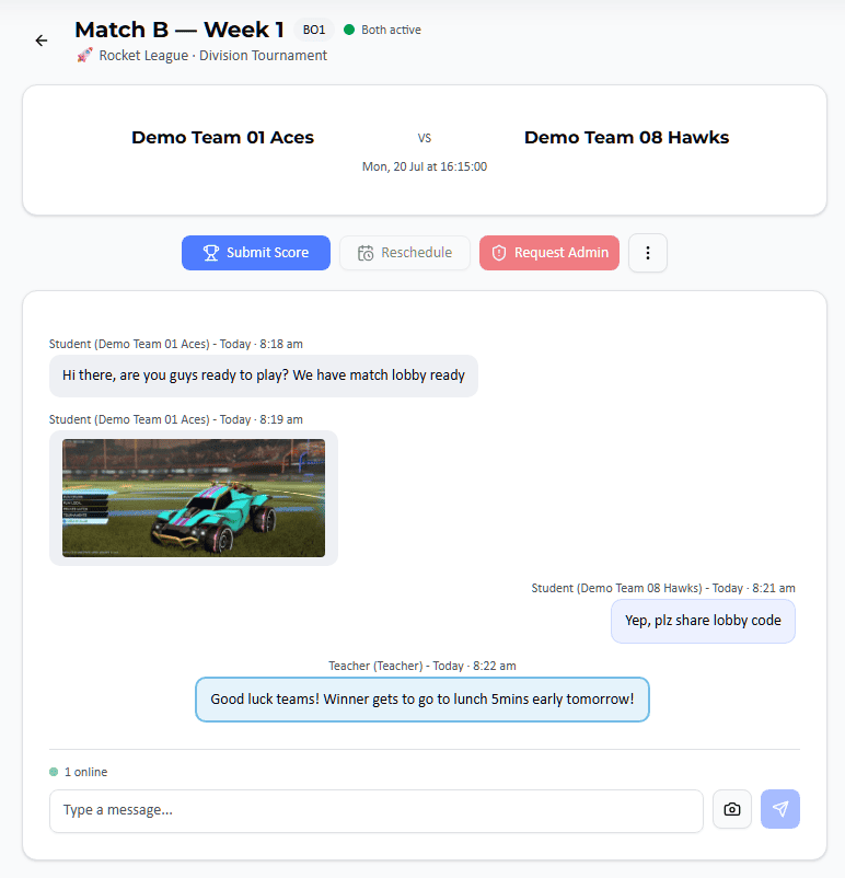 Match chat with every message visible to the teacher and referee